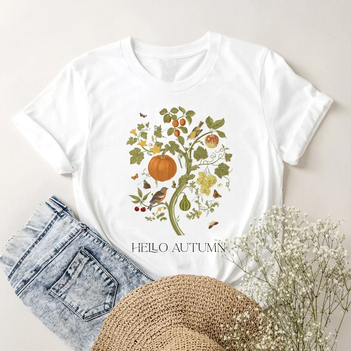 T-shirt de manga curta para mulheres, roupas soltas e casuais, com flores e plantas, moda verão, anos 90