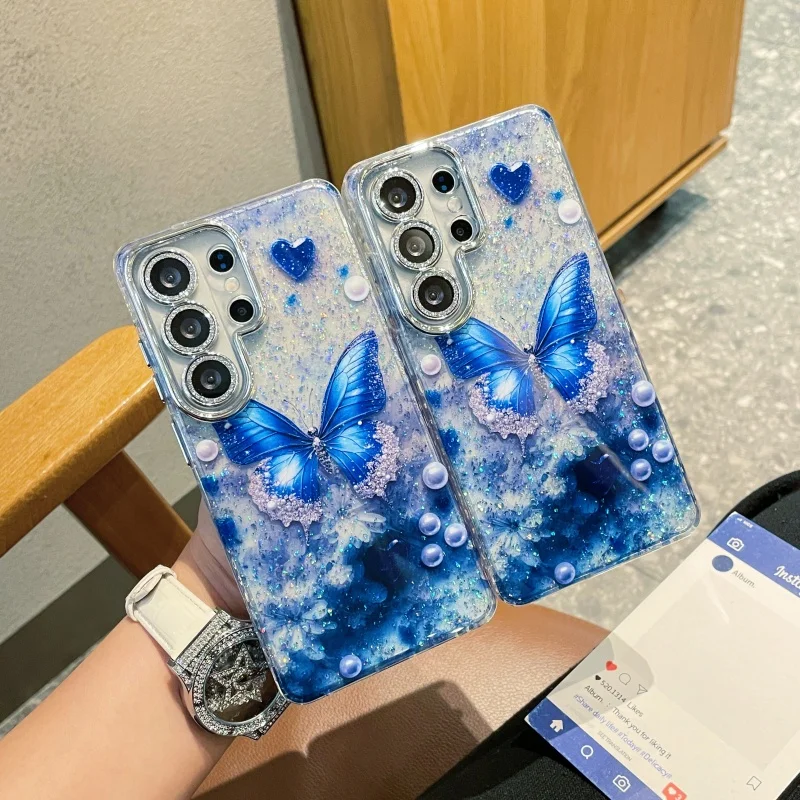 Clear Glitter Cute Butterfly Phone Case For Samsung Galaxy S26 Ultra S25 Plus S24 S23 Ultra Cover with Camera Protector Cases 26