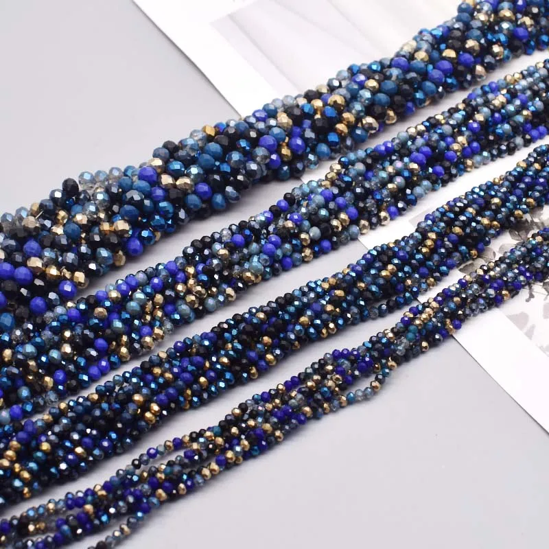 Blue Color 2 3 4 6mm Faceted Crystal Glass Beads Seed Rondelle Crystal Loose Spacer Beads for Jewelry Making DIY Necklace