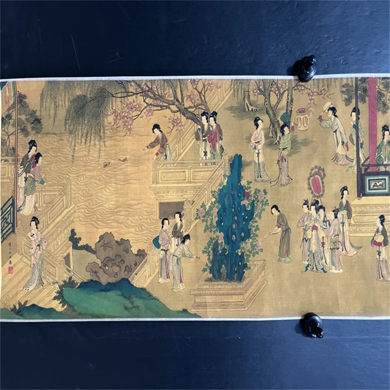 لوحة تمرير طويلة قديمة في الصين، لوحة ألوان مائية من تشيو يينغ لمقتنيات مائة الجمال #5