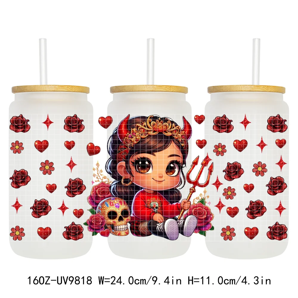 Day Of The Dead 16OZ UV DTF Cup Wrap Transfer Stickers Hispanic Chibi Baby Girl Custom Labels Waterproof For Libbey Glass Can