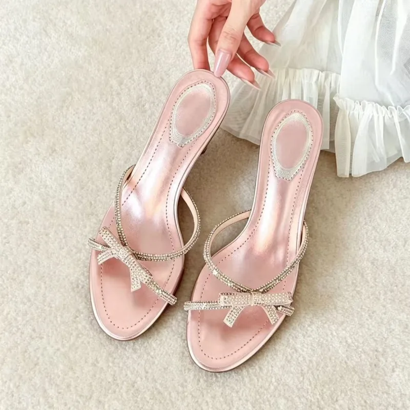 

2026 New Rhinestone Bow Heels Women Stiletto Open Toe Sexy Outer Wear Slip-On Slippers