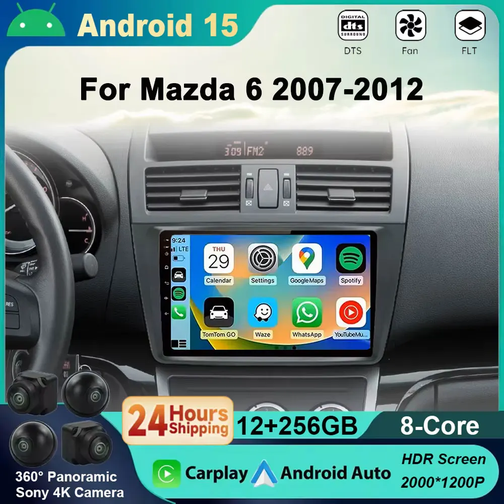 Android 15 2K QELD Carplay Auto 2K Screen Car Radio Multimedia Player For Mazda 6 GH 2008-2015 Auto 4G WIFI BT DSP DVD radio