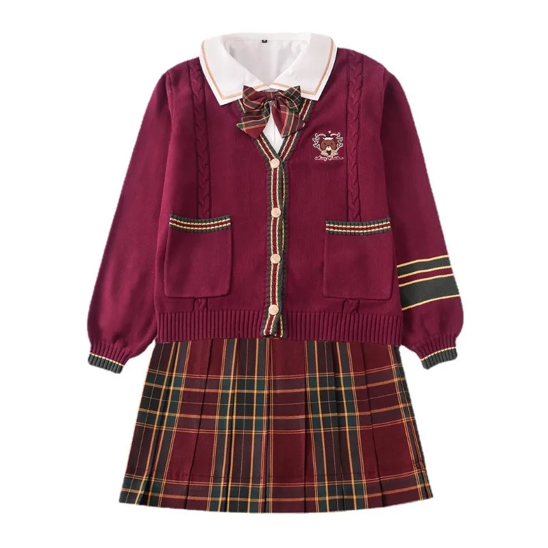 Christmas Bear School Uniform Knit Sweater Embroidery Jk Japanese Style Sailor Suit Plaid Pleated Skirt Women Anime COS Costume