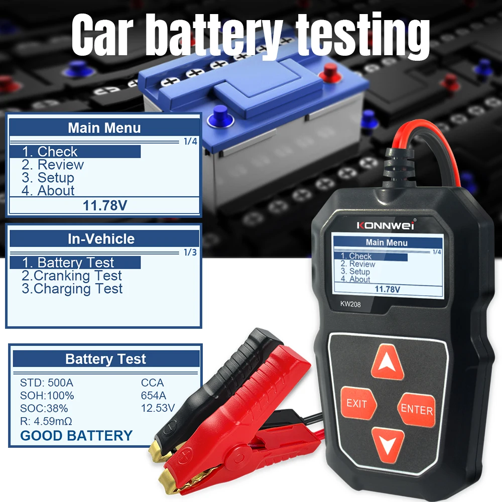 KONNWEI KW208 12V Tester di carico della batteria dell\'auto analizzatore automobilistico professionale dell\'alternatore Test di tensione della forma