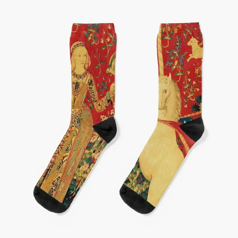 

LADY AND UNICORN Taste Detail ,Red Green Fantasy Flowers,Animals Socks Sports aesthetic cycling gift Men's Socks Women's