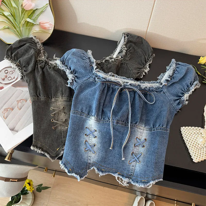 

French Square Collar Denim Short Sleeve T-shirt for Women Summer New Style Raw Edge Bow Short Top Retro Slim Blouse