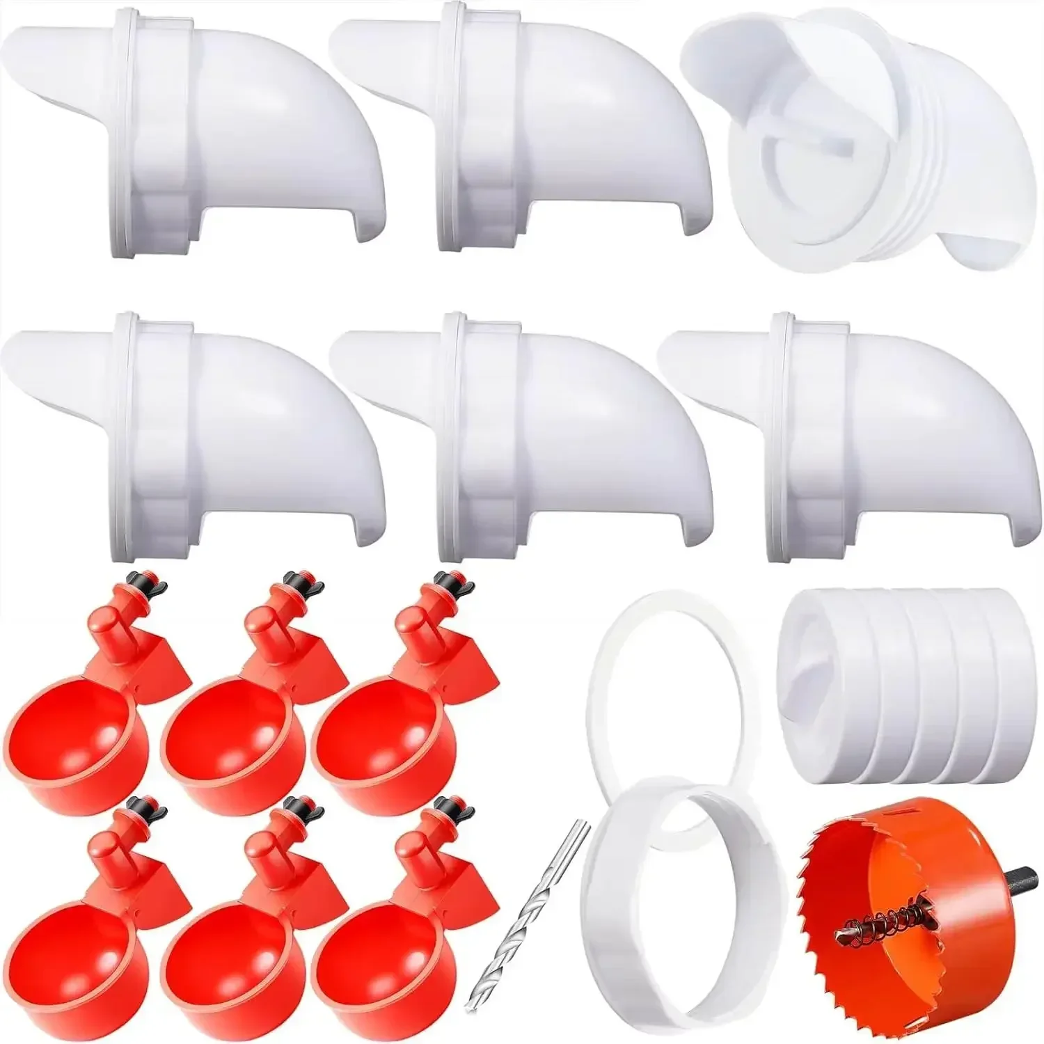 

Poultry feeder and waterer with rodent-proof cover, 6 connectors, 6 chicken water cups and hole opener, poultry feeding kit