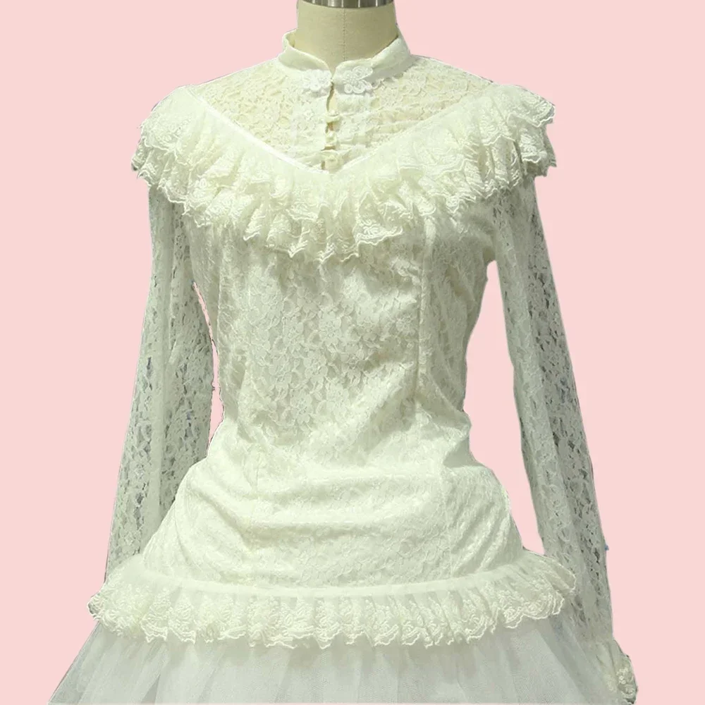 Vintage Lolita Sweet Female Lace Blouse White/Black Sheer Long Sleeve Illusion Neck Lace Top with Ruffles