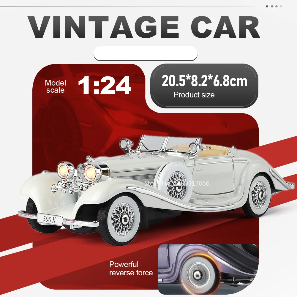 

1:24 500K 300SL Vintage Car Miniature Alloy Model Diecast Toy Sound Light Doors Opened Pull Back Vehices Graduation Gift for Boy