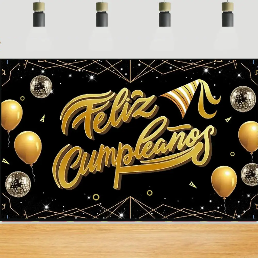 Feliz cumpleaños Spanish Birthday Background Black Gold Balloons Birthday Party Scene Decoration Banner Adult Photo Backdrops