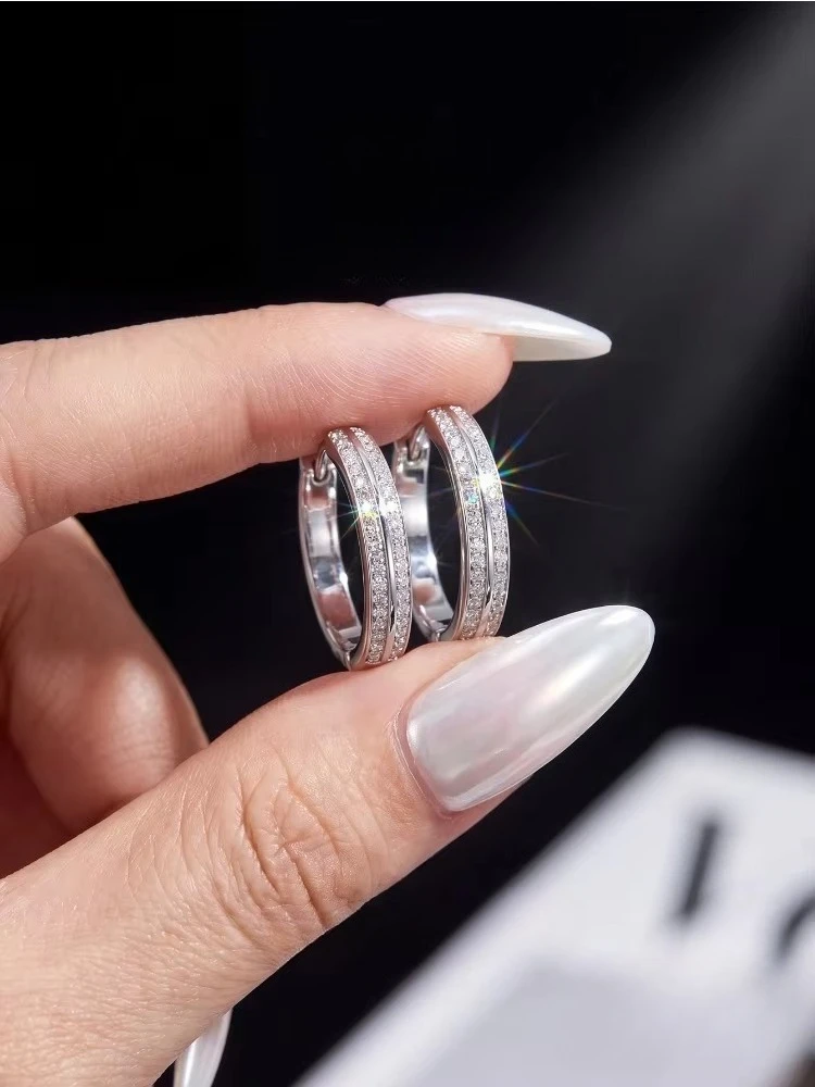 Echte Doppel-Moissanit-Diamant-Runde Funkelnde Creolen Geeignet für den Täglichen Gebrauch bei Frauen Hochwertiger Schmuck – Detail 3