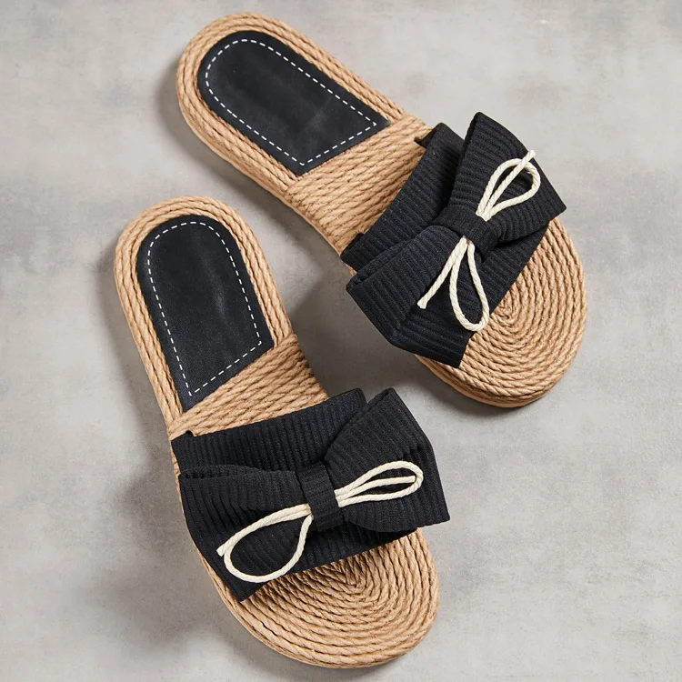 Ladies Leopard Shoes Women Summer Slippers Artificial Straw Flower Slides Female Bows Floral Slippers Outdoor Non Slip Slippers