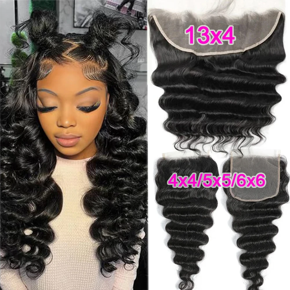 Loose Deep Wave 4×4 5X5 6X6  Lace Closure Only Transparent Swiss 13x4 Lace Frontal Pre Plucked Brazilian Remy Human Hair Natural Color For Women Fast Shipping