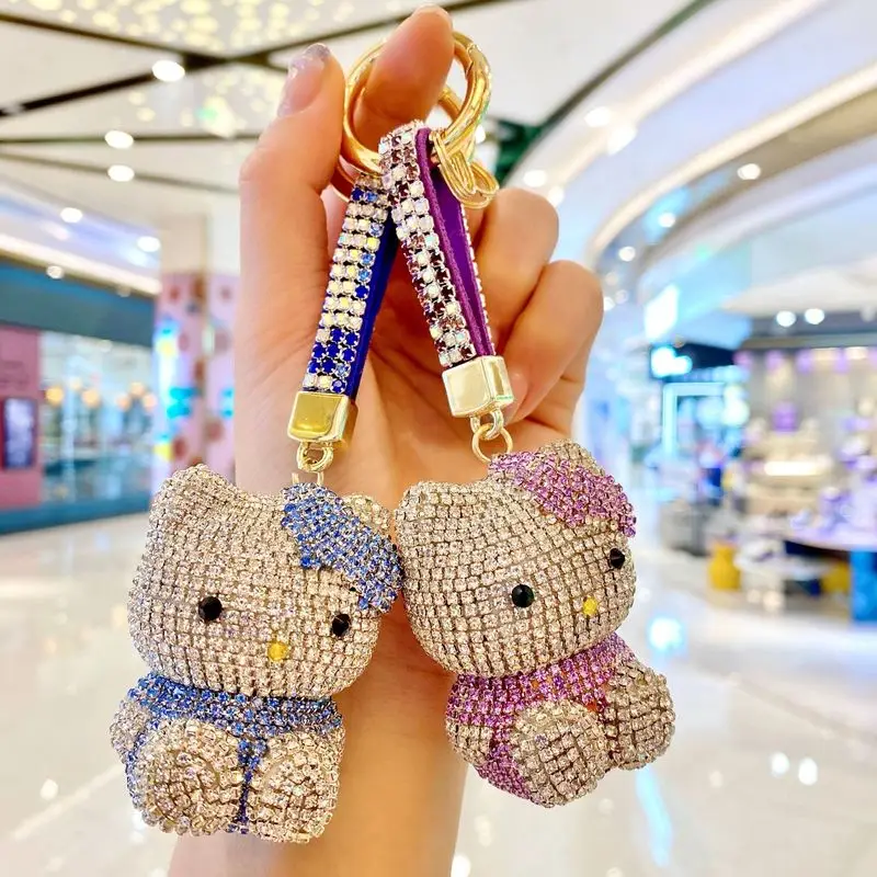 Hot High Quality Diamond Studded Kt Cat Keychain Fashionable Women'S Bag Pendant Cute Doll Car Keychain Circle Party Small Gift