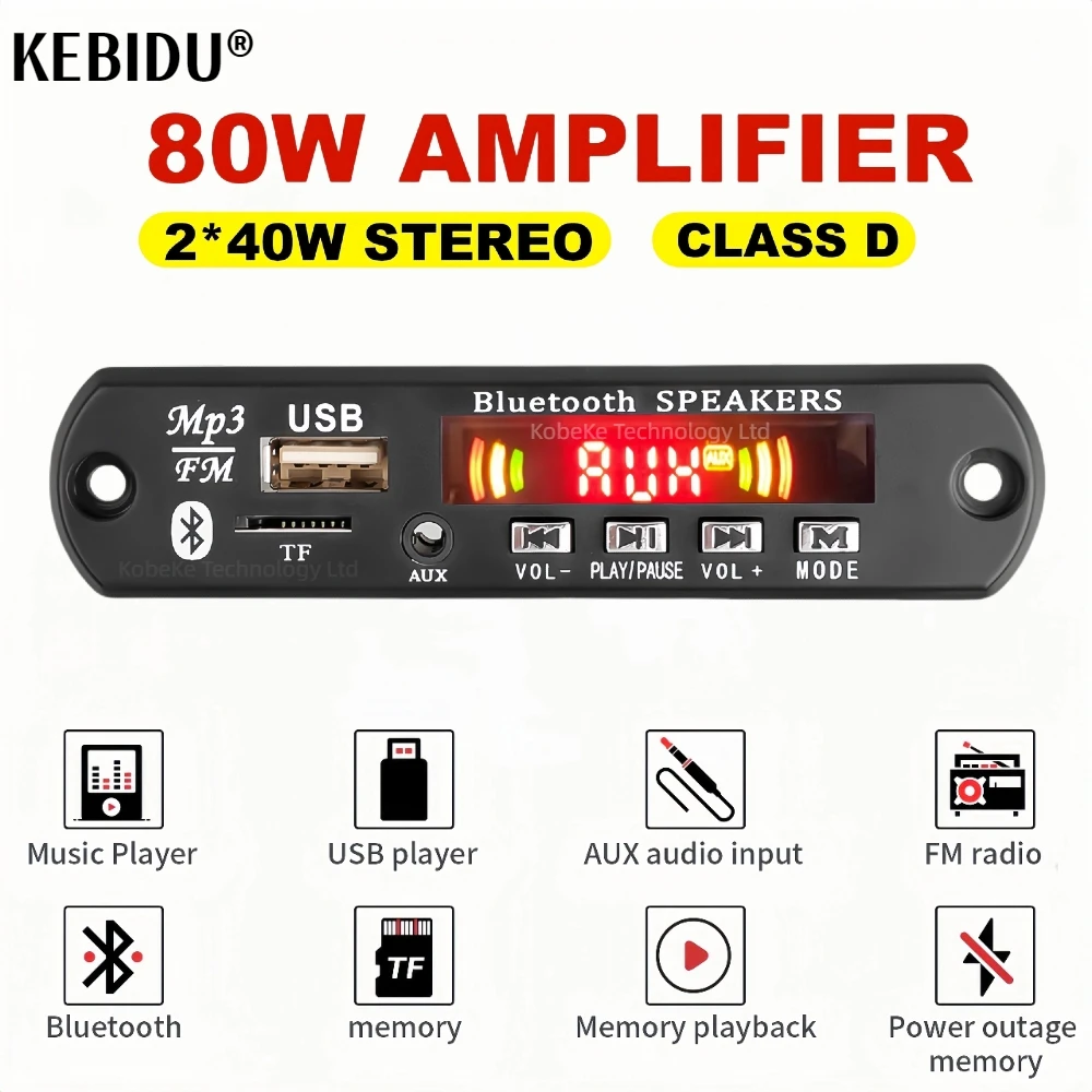 2*40W Amplifikatör 5V-26V MP3 Dekoder Kurulu Bluetooth V5.0 Araba MP3 Çalar USB Kayıt Modülü FM AUX Radyo Hoparlör Eller Serbest