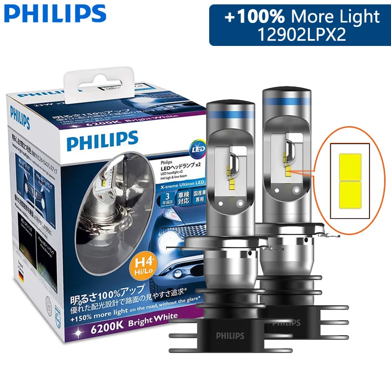 Philips LED H4 X-treme Ultinon Autokoplamp 6200K Helder Wit Licht Power LED Originele Upgrade Hoge Dimlicht 12902LP 12953BW