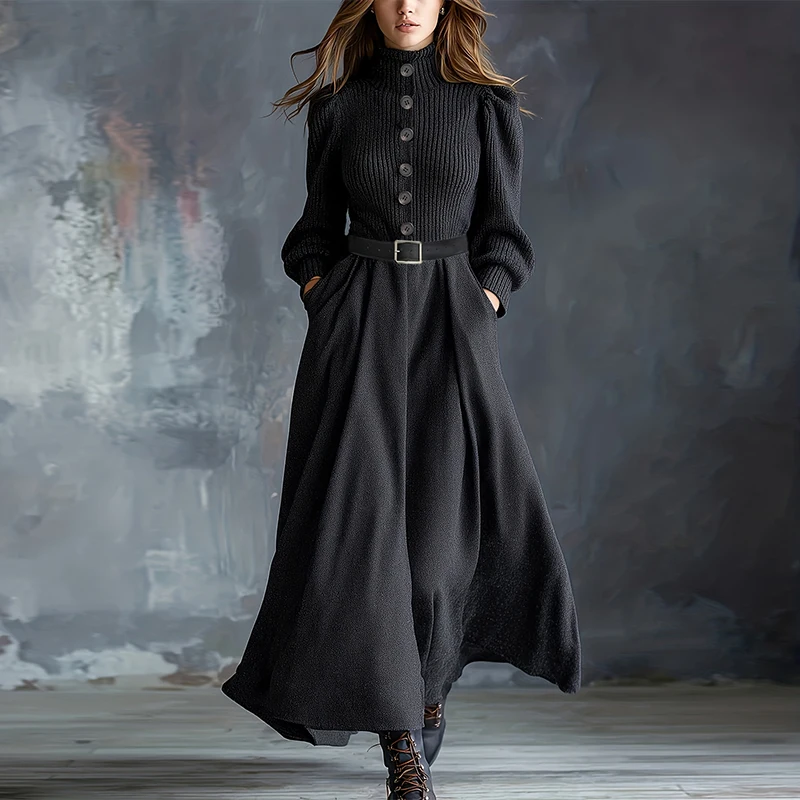

Krisstarsgirls Woman Fall Winter Knitting Dress 2025 Long Sleeves Black Waistband Half Turtleneck Ladies Maxi Dresses No Belt