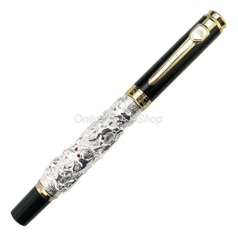 Jinhao เงินโบราณมังกรมงคลแกะสลักลายนูน Medium Nib Fountain ปากกา Professional สํานักงานเครื่องเขียนอุปกรณ์เสริม