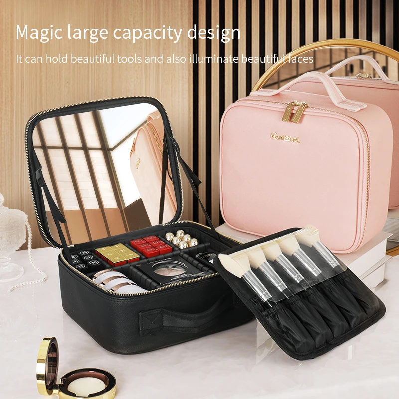 Borsa per il trucco in pelle PU con specchio da viaggio borsa per cosmetici portatile superficie a specchio a schermo intero