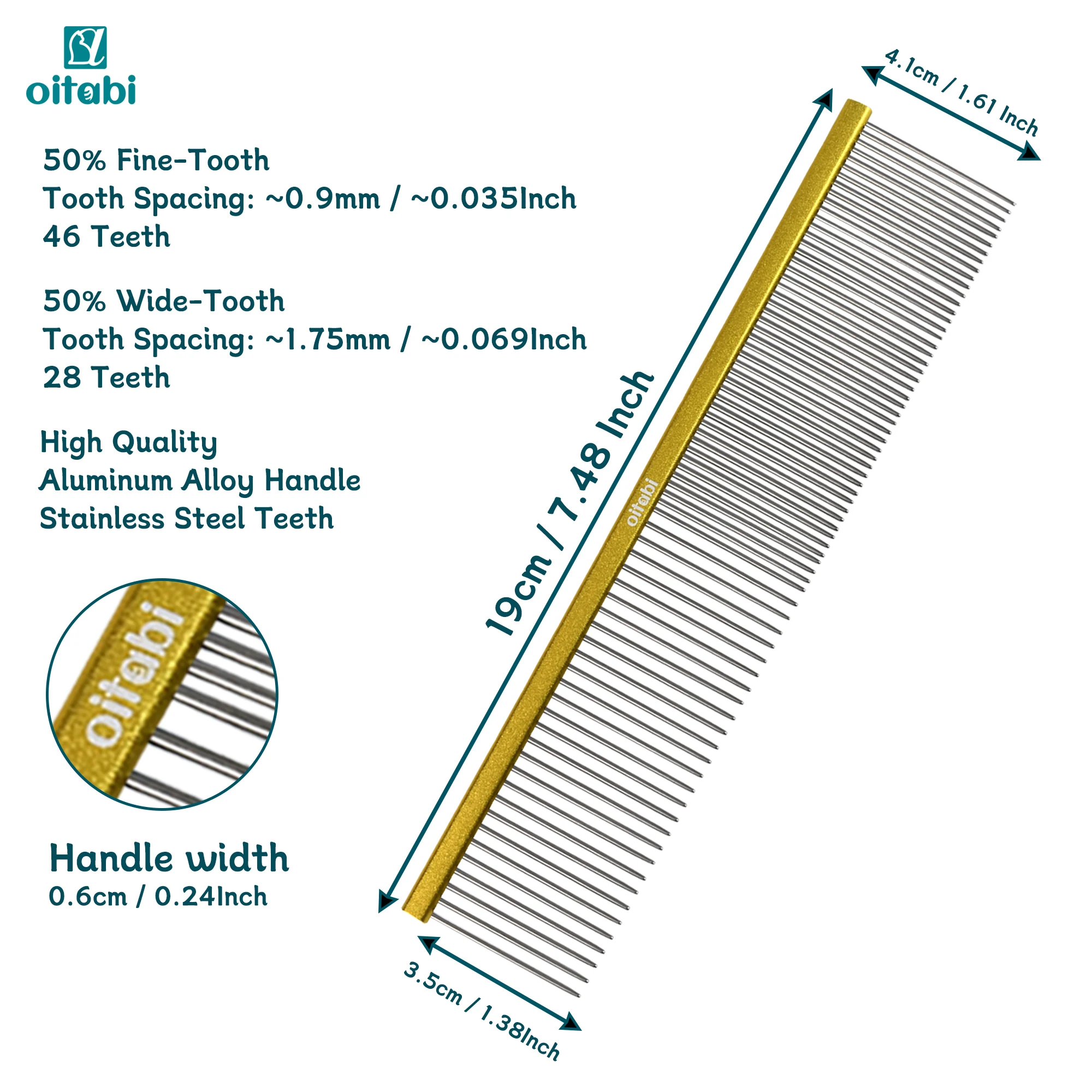 Oitabi Pet Comb Stainless Steel Long Teeth Comb for Dogs & Cats Pet Hair Comb for Home Grooming Kit Removes Knots Mats & Tangles