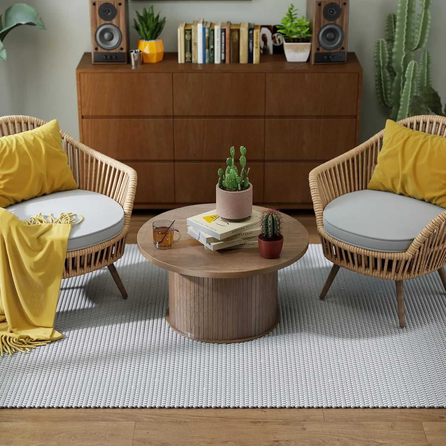 31.5 Inch Fluted Coffee Table, Mid Century Modern Round Coffee Table, Center Table With Sliding Door And Wood Flute