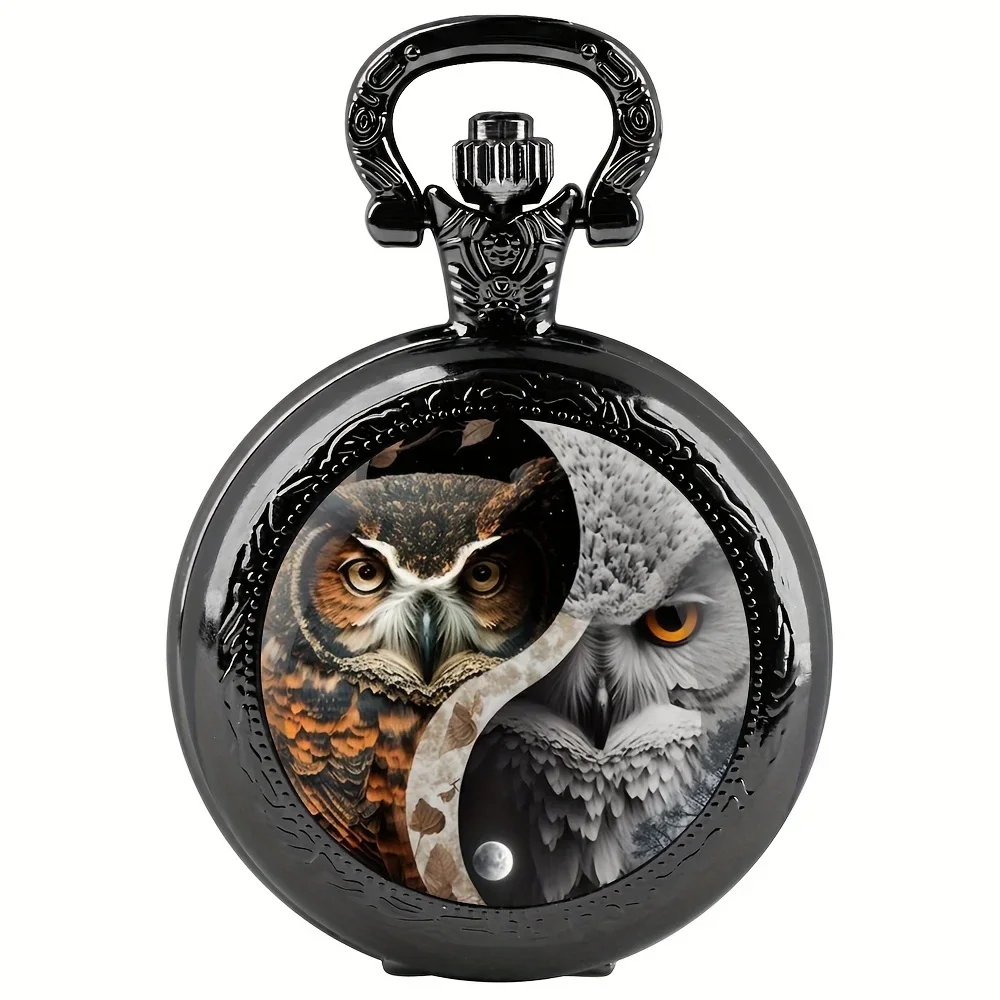 1 szt. Retro sowa sowa kwarcowy zegarek kieszonkowy, fajny czarny naszyjnik zegarek kieszonkowy, prezent dla mężczyzny