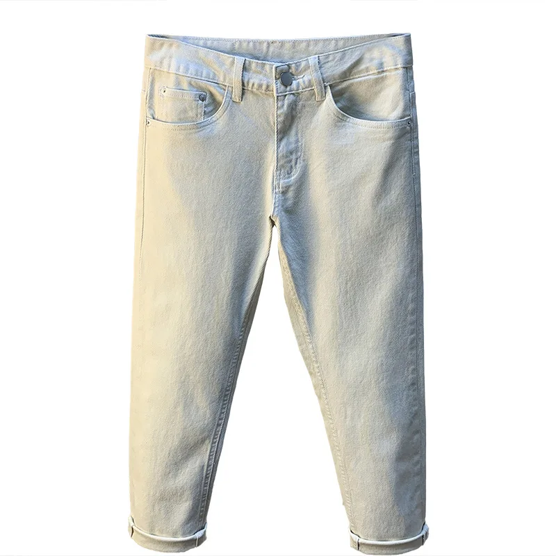 Summer thin jeans men's beige casual small straight leg simple and versatile high-end denim men's pants