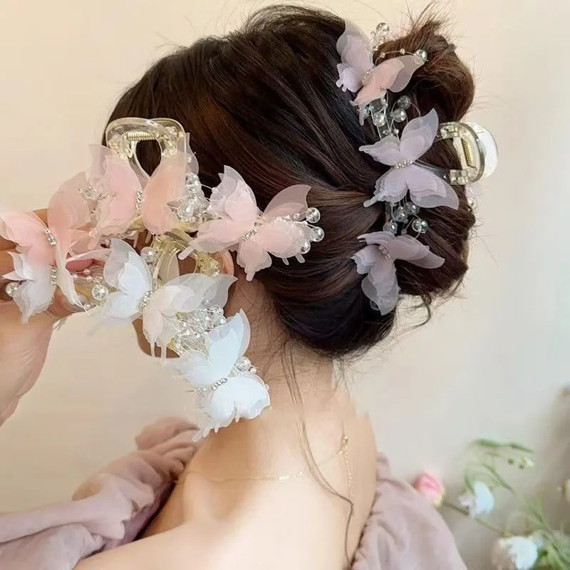 Sheer Butterfly Claw Clip | Pearl Rhinestone Fairycore Hair Grabber | Elegant Romantic Hair Accessory