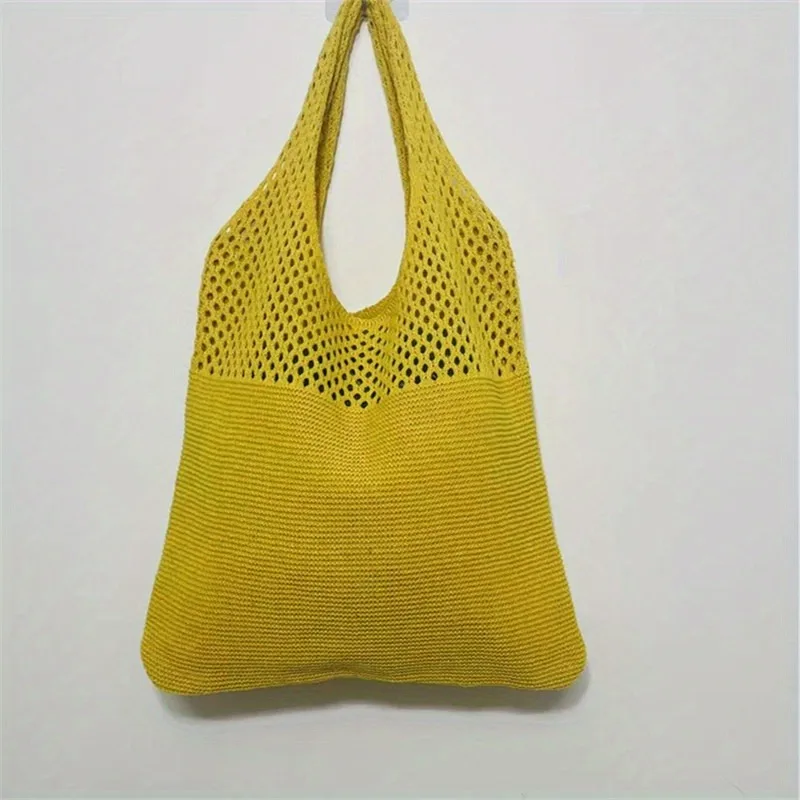 Ästhetische, ausgehöhlte Häkel tasche, Umhängetasche mit großer Kapazität, einfache gestrickte Einkaufstasche für Frauen – Detail 14