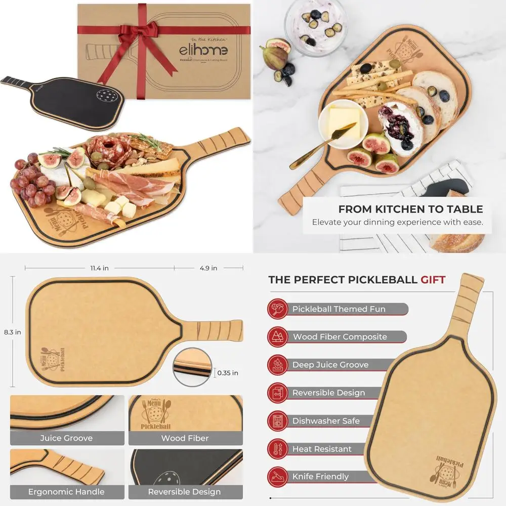

Elihome Pickleball Charcuterie Cutting Board, Pickleball Gifts for Women Men, Wood Fiber 16 x 8.5, Paddle Shape with Handle, Dis