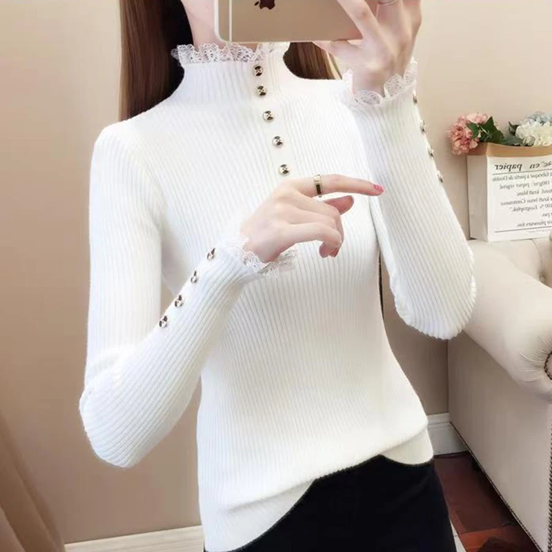 Otoño Invierno mujeres pulóver suéteres de encaje de manga larga medio cuello alto de un solo pecho señoras Slim trabajo fiesta suéter de punto
