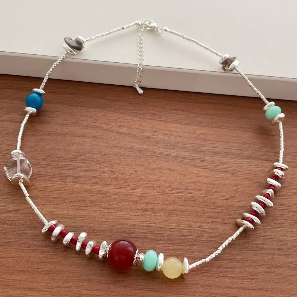 Fashion High‑end Colorful Beaded Imitation Broken Silver Necklace Light Luxury Versatile Unique Niche Choker Jewelry for Women