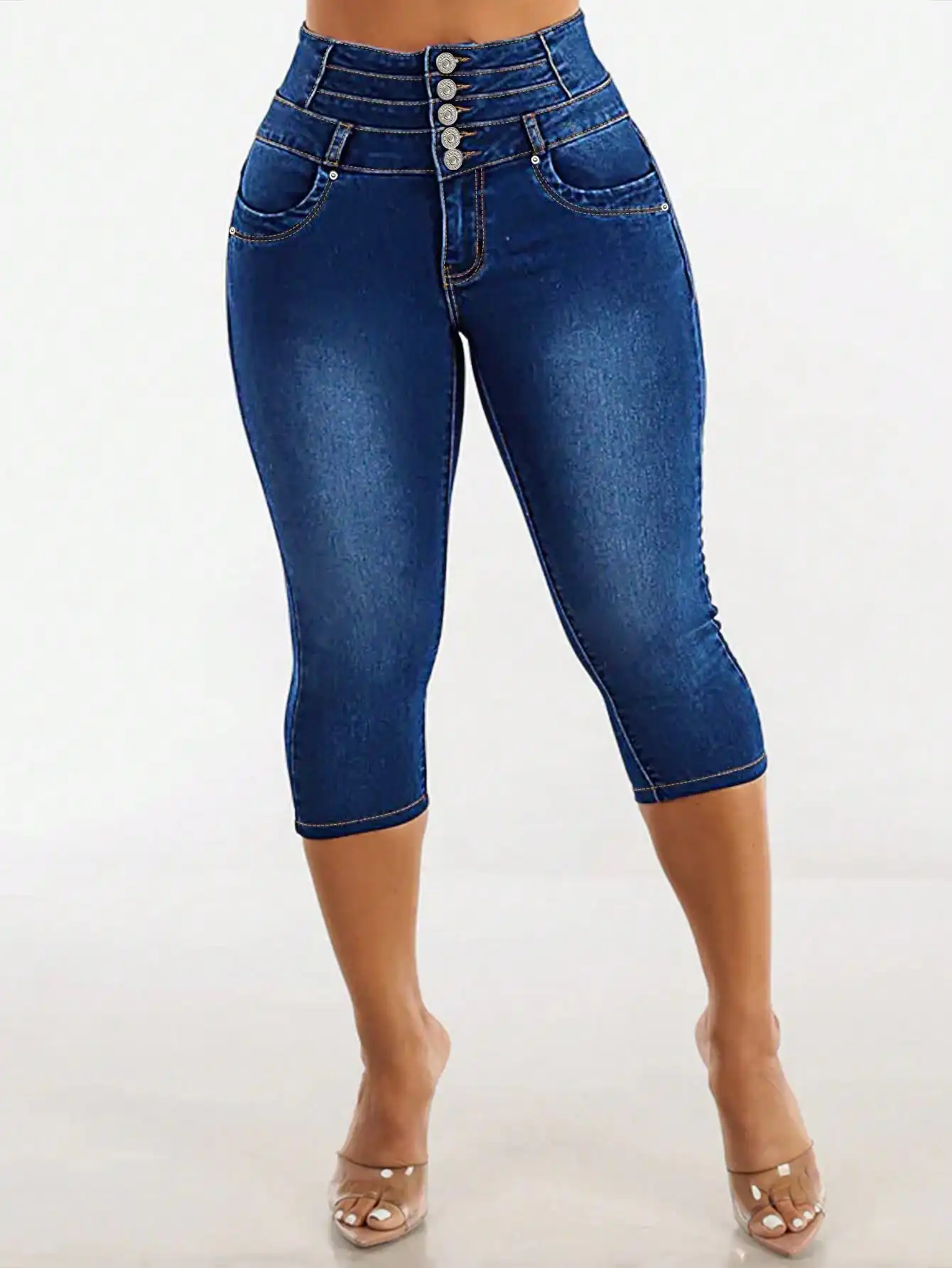 

Повседневные шикарные винтажные женские джинсы-капри с высокой талией, эластичный джинс с несколькими пуговицами, облегающий крой средней длины