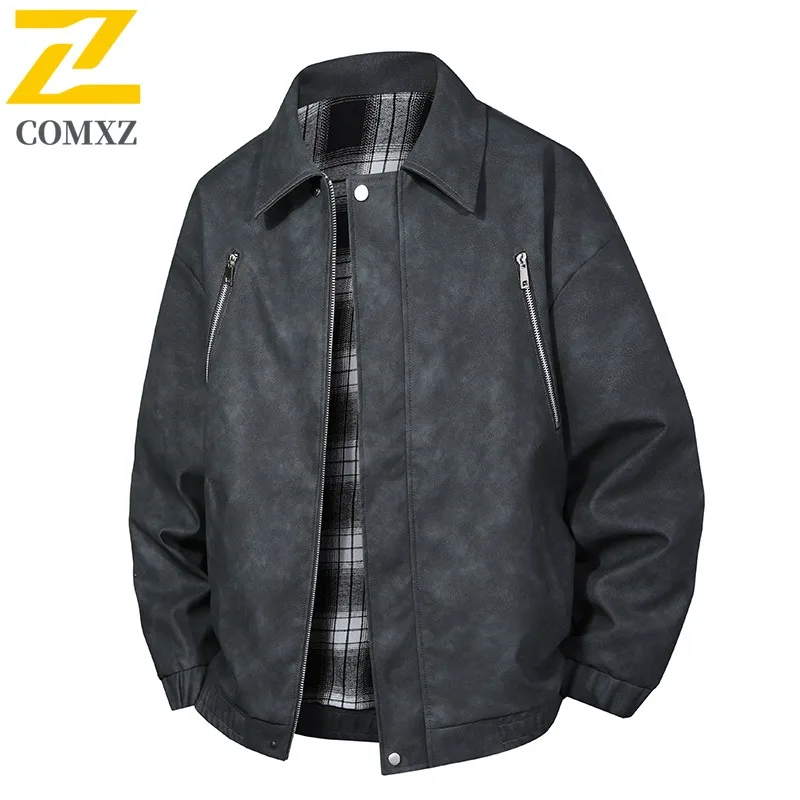 

COMXZ Мужская кожаная куртка, повседневная удобная куртка с воротником-стойкой для приключений на открытом воздухе, уличная легкая осенняя ветровка для отдыха