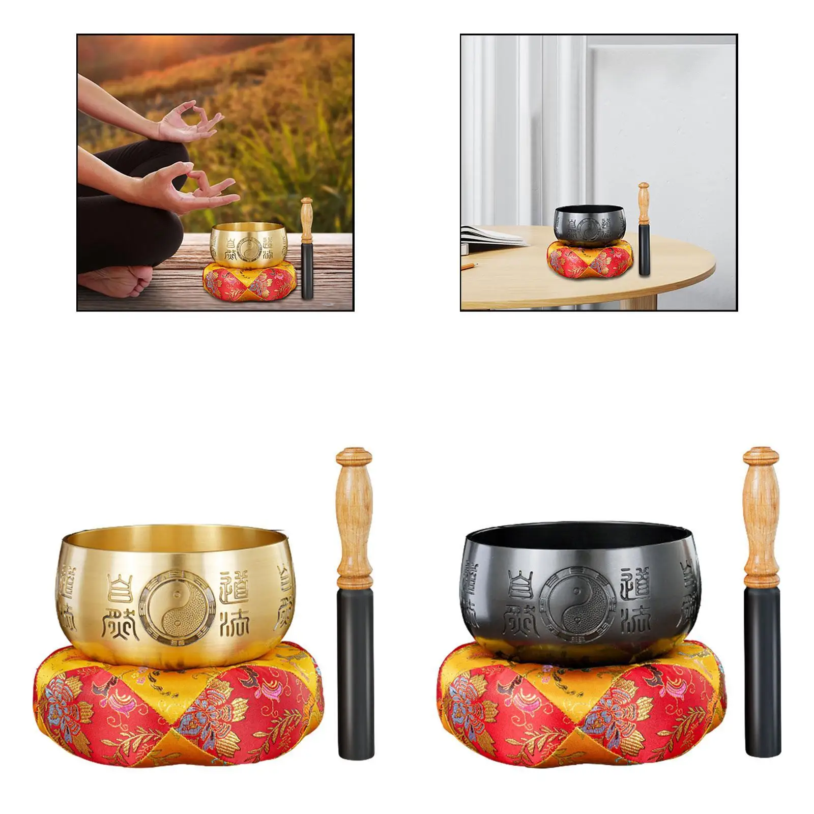

Tibetan Bowl Set with Wooden Mallet Brass Singing Bowl for Desktop Tea Room