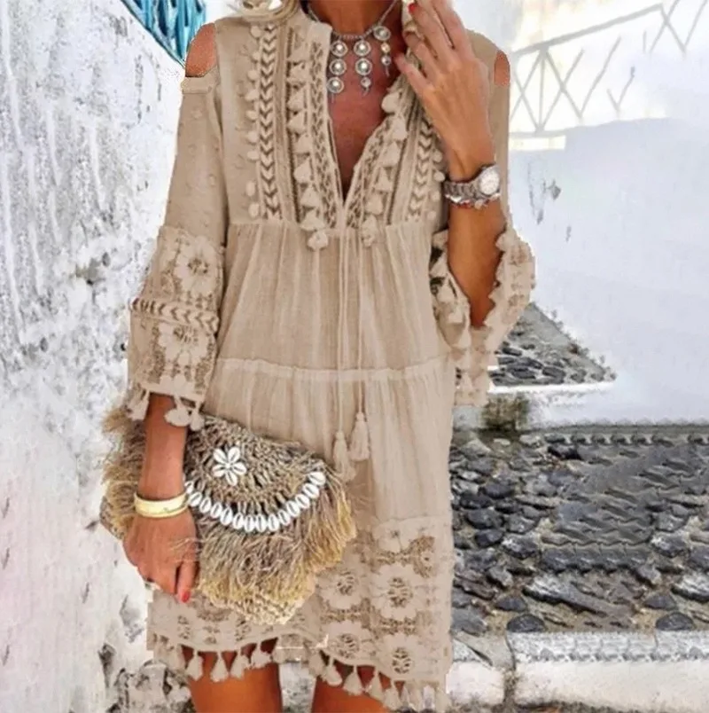 Beach Boho White Lace Fashion Eu Boho Mini Dress Women Autumn Pop Tassel Loose V Neck Dresses Lady Beach Female Clothing