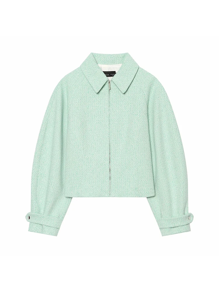 Women Vintage Blue Single Breasted Jackets Women 2026 Fall New Chic Causal Folds Sleeve Stand Collar Coats High Street Lady Top