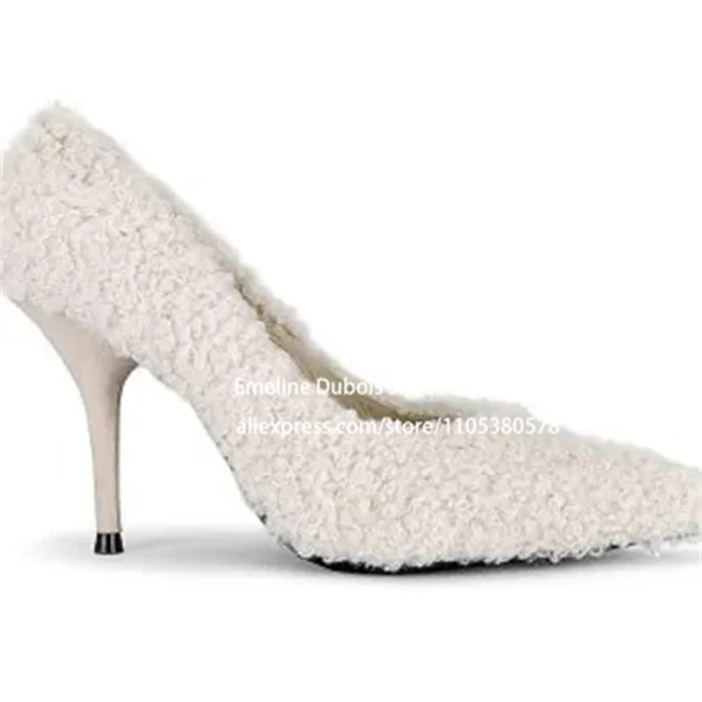 Lamb Fuzzy Plush Women Thin High Heel Pumps Beige Pointed Toe Slip on Stilettos for Women Elegant Warm Daily Dating Casual Shoes