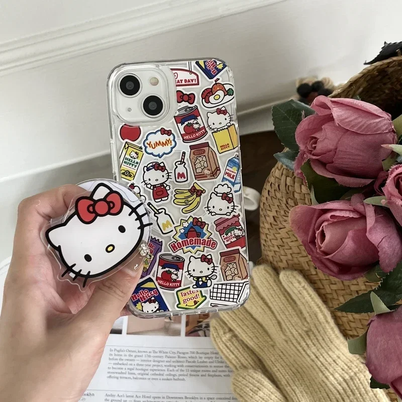 Cute Sanrio Hello Kitty Magnetic Bracket Magsafe Wireless Charge Phone Case For iPhone 15 14 13 12 11 Pro Max Clear Hard Cover