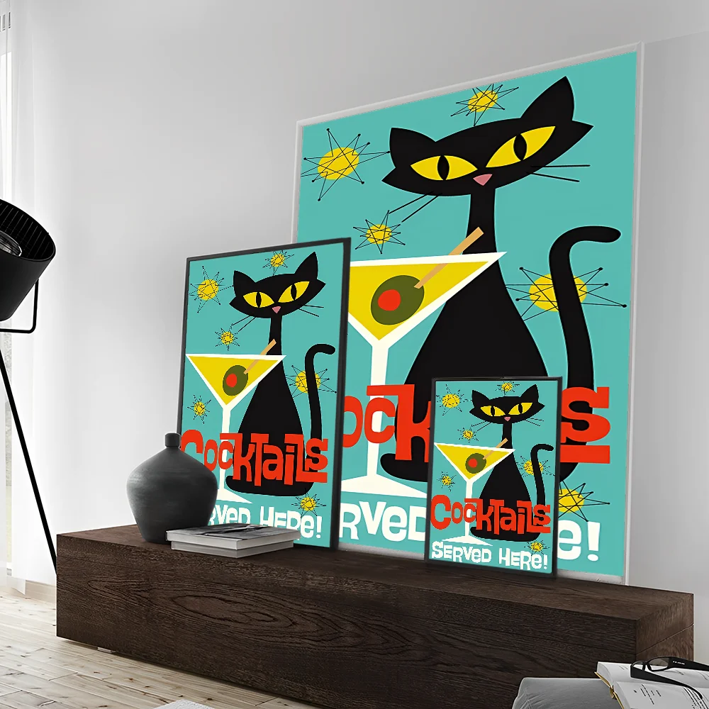 Mid Century Black Cat Classic Vintage Posters Decoracion Painting Wall Art White Kraft Paper Kawaii Room Decor