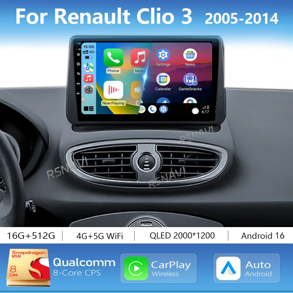 Android 16 Carplay Auto 2K Screen Car Multimedia Radio Player For Renault Clio 3 2005 - 2014 Autoradio GPS Stereo 2Din Head Unit