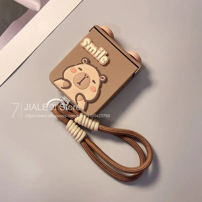 Cute Ears Capybara Bracelet Hinge Protective Phone Case For Samsung Galaxy Z Flip 3 4 5 6 7 Flip6 ZFlip7 7FE Hard Cover