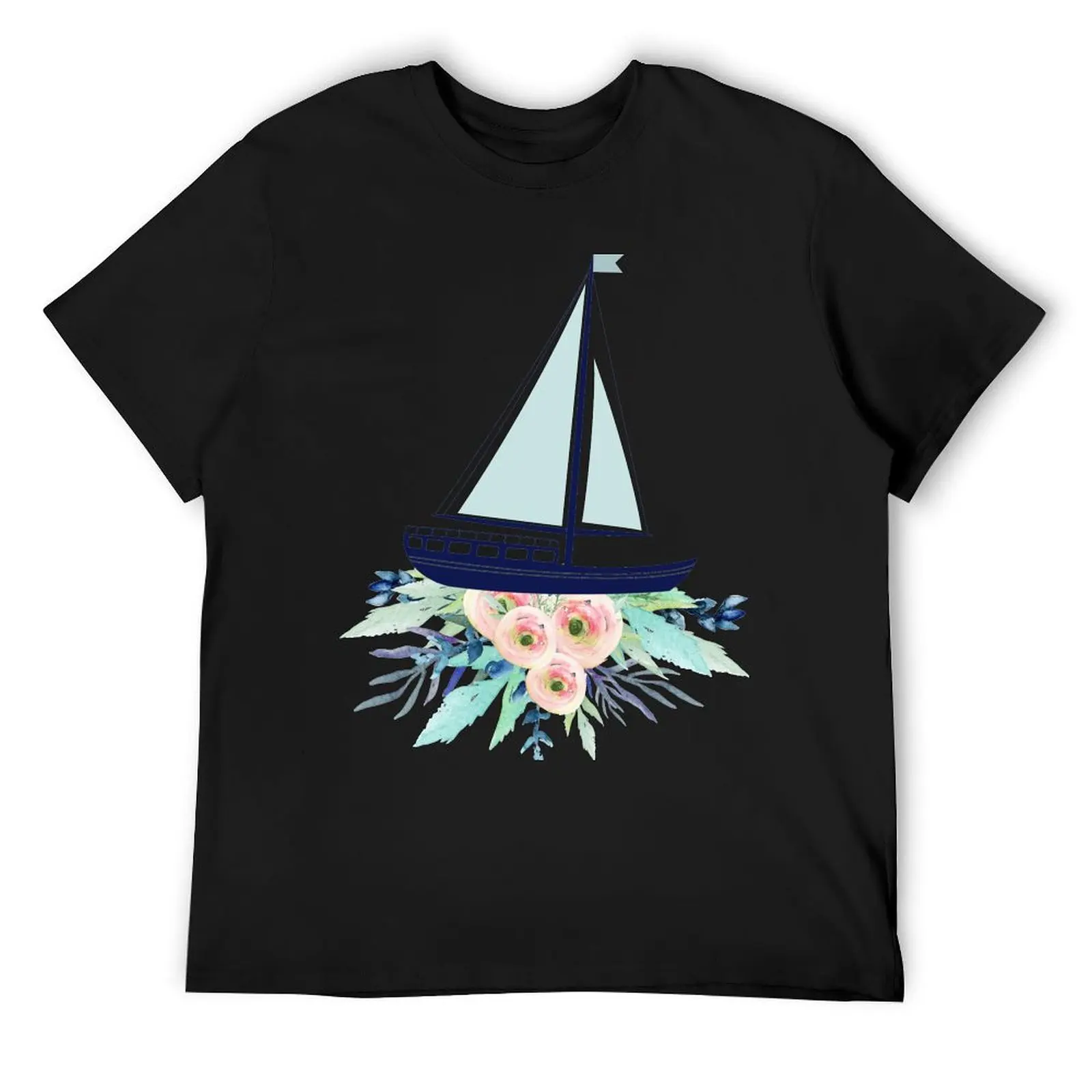 Watercolor flowers and sailboat T-Shirt oversized Aesthetic clothing mens designer t shirt