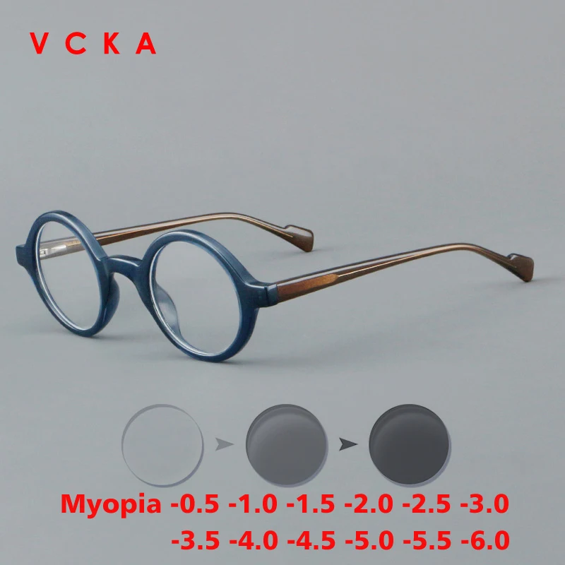 

VCKA Acetate Anti-blue Glasses Myopia Frame Men Round Retro Discolor Eyeglasses Women Eyewear Prescription Custom -0.50 to -6.0