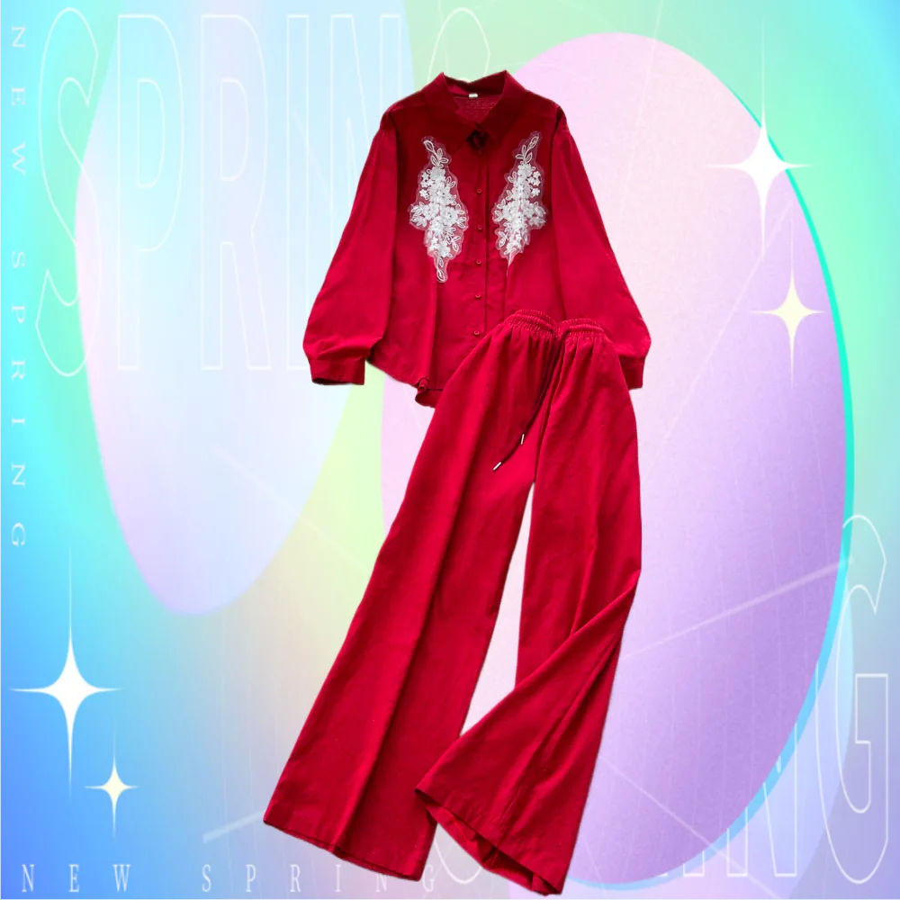 

Embroidery Casual Beading 2 Pieces Sets Women Long Sleeve Loose Shirt+Wide Leg Pants 2025 New Mesh Spliced Autumn Chic Suits