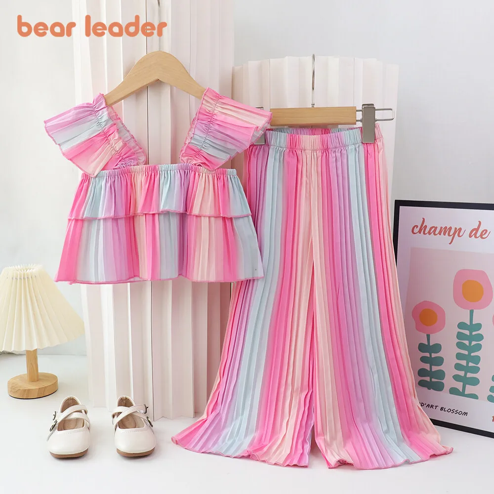 Bear Leader Girls Sets Coloful Pleated Cake Flying Sleeves T-shirt and Wide Leg Pants 2 Pieces Suit Rainbow Children's Clothes