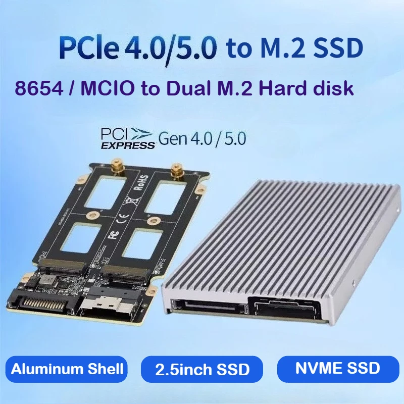 External Graphics V100 SlimSAS SFF-8654 4.0 MCIO 5.0 8i To 2*Dual M.2 Ssd NVMe Hard Disk Adapter Split X4X4 Server HDD Enclosure