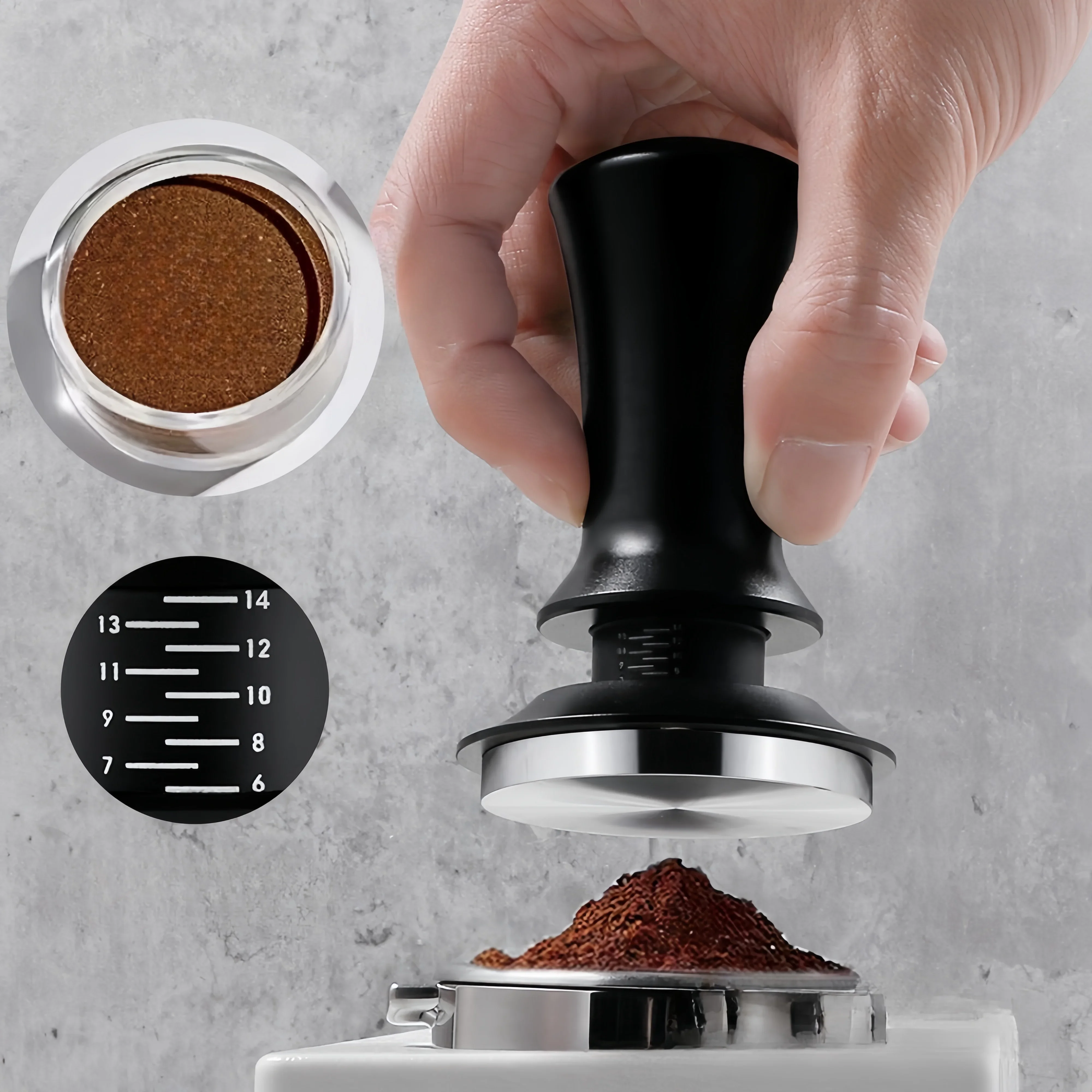 

Coffee Powder Distributor Tamper Flat Elastic With Scale Hammer Stainless Steel Solid Detachable Espresso Coffee CafeAccessories