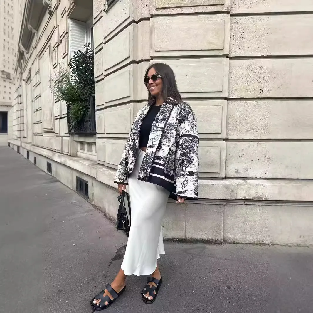 Chaqueta de algodón a la moda para mujer, chaqueta acolchada con estampado Floral, abrigo acolchado estilo Kimono con bolsillos, informal Z6QL